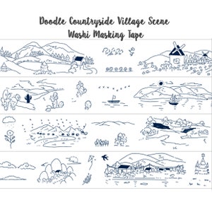 33mm width | Alice Tea Party - Doodle Hand Drawn Countryside Village Scene with Little House Nature Landscape Washi Masking Tape