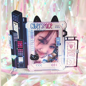 Blauwe Cyberpunk Cat City acryl fotohouder kaarthouder fotostandaard fotolijst voor Kpop Photocard fotokaart, Instax mini foto