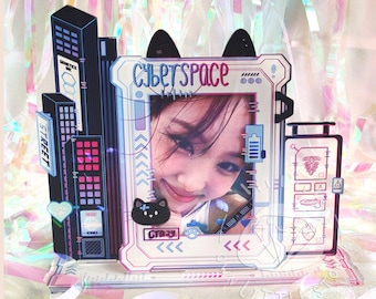 Blue Cyberpunk Cat City Acrylic Photoholder Cardholder Photo Display Stand Picture Frame For Kpop Photocard Photo Card, Instax Mini Photo