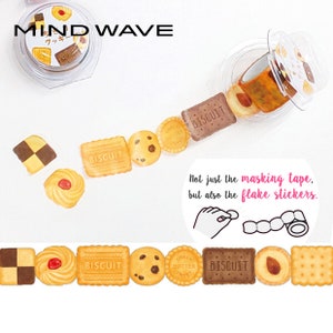 May include: A roll of washi tape featuring a biscuit design. The tape includes various types of biscuits, such as chocolate chip, almond, and shortbread. The tape is packaged in a clear plastic container with a label that reads "MIND WAVE". The text "Not just the masking tape, but also the flake stickers." is written below the tape.
