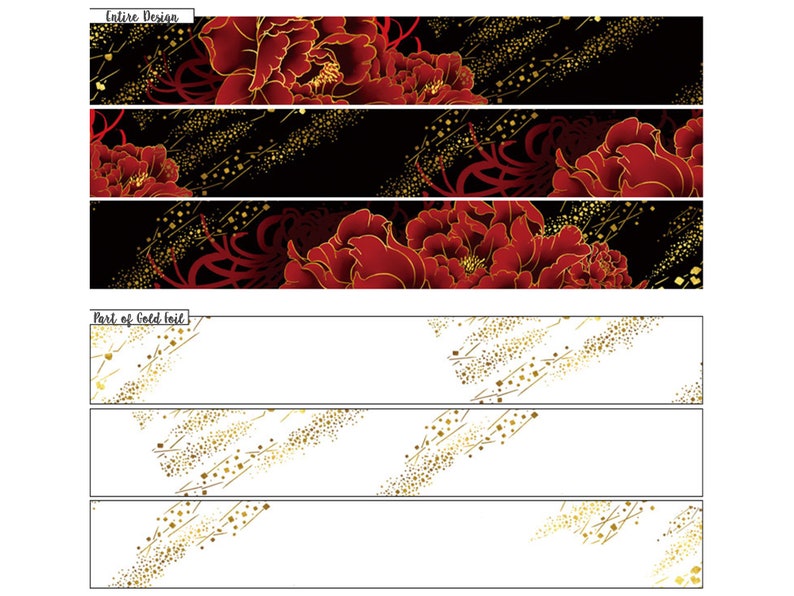 15mm 20mm width Gold Foil Red Peony Flower Cherry blossom Sakura Flower with Traditional Japanese Wave Pattern Washi Masking Tape