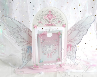 Portafotos giratorio con alas de mariposa rosa y rosa, soporte para tarjetas fotográficas, marco para fotos de Kpop