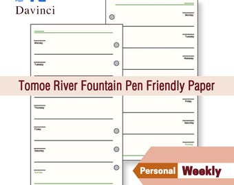 May include: White Tomoe River fountain pen friendly paper with a weekly layout. The paper has a green border and is labeled with the days of the week. The brand name "Davinci" is visible in the upper left corner. The words "Personal Weekly" are also visible.