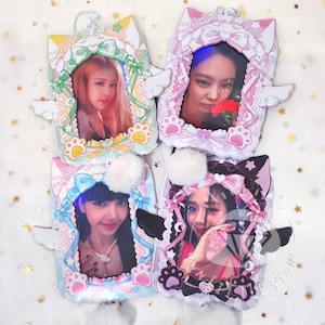Portafoto in PVC con fiocco in pizzo giapponese kawaii, dolce e carino, con catena a sfere, per foto Kpop.