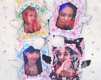 Cute Sweet Kawaii Japanese Bow Lace Cat PVC Photocard Holder with Ball Chain Toploader Photoholder Cardholder for Kpop Photo Card