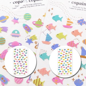 Mind Wave - copain copine - Goudfolie Space Planet Star Rocket UFO / Ocean Fish Shell Boat Japans stickervel nr. 78151 nr. 78153