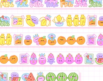 20mm width | MISSTINA - Cute Jellyfish with Fruits Peach Pineapple Watermelon Banana Orange Days of The Week Washi Masking Tape