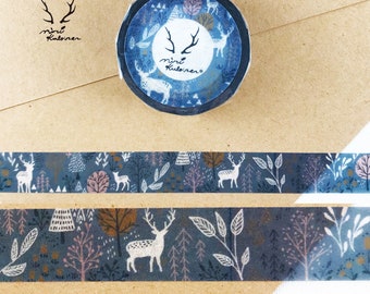 Largeur 15 mm | Round Top - MiriKulo:rer - Ruban de masquage en Washi à dessin de cerf dans une forêt