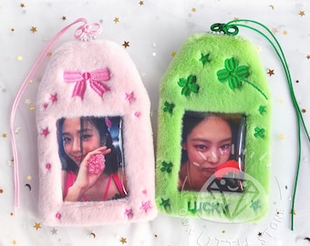 Omamori Japanese Good Luck Charm Pink Bow Green Four Leaf Clover Fluffy Photocard Holder Toploader Photoholder Cardholder for Kpop Photocard