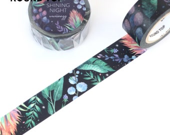 20mm width | Round Top - wwiinngg - Shining Night Tropical Plant Floral Washi Masking Tape