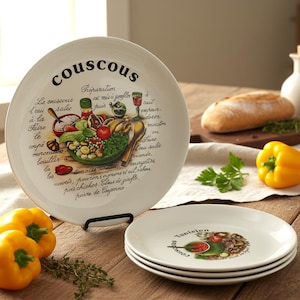 Service à couscous vintage français comprenant bol et assiettes, avec couscous marocain, algérien et tunisien (24 cm).