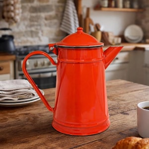 Könnte beinhalten: Eine leuchtend orangefarbene Emaille-Kaffeekanne mit passendem Deckel, einem geschwungenen Griff und einem spitzen Ausguss. Die Kanne hat eine glatte, glänzende Oberfläche und einen zylindrischen Körper. Sie steht neben einer weißen Keramiktasse.