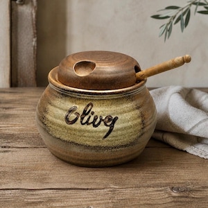 Vintage French Grès de l’Arnon Stoneware Olive Pot with Wooden Spoon, Rustic French Kitchenalia, French Pottery