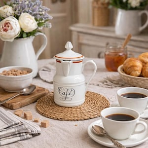 May include: A white ceramic coffee pot with a lid and the word "Cafe" in script. The pot sits on a woven placemat, with two cups of coffee, sugar cubes, and a bowl of sugar. A bouquet of flowers and croissants are also present.