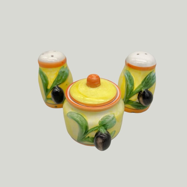 French Ceramic Salt, Pepper and Mustard Pot, Country Kitchen Cruet Set, Olive Decoration, Farmhouse Kitchenalia, Cottage Kitchen (C31)