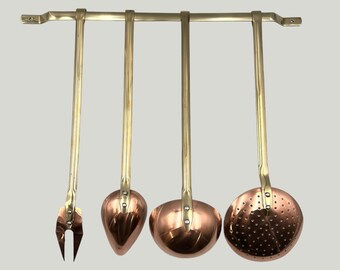 4 x French Copper and Brass Utensils with Hanging Bar Copper Kitchenalia, Country Farmhouse Kitchenalia, Copper Kitchen Utensils (C20)