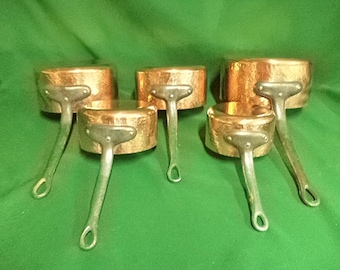 French copper saucepans, set of 5 pans, vintage copper pans, Copper kitchen, Copper pots, Copper cookware, new tin lined, 4.25kg (re 245EF)
