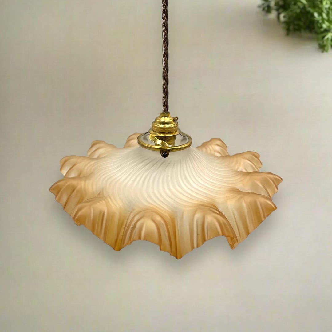 Vintage French Glass Pendant Light, Hanging Antique Ceiling Lamp Shade