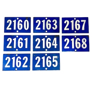 Vintage French Door Numbers, Blue and White Vintage Enamel Garden Gatepost Number Plaques, Traditional French Metal Numbers 2160-2169