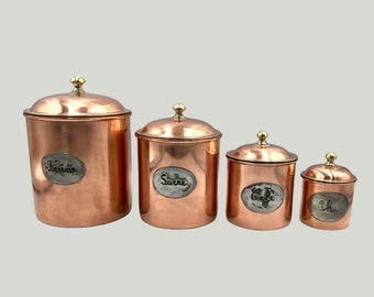 Set of Vintage Copper Kitchen Canisters,  Country Cottage Style, Rustic French Kitchen Storage Jars, Farmhouse Chic Kitchen Caddies (B94)