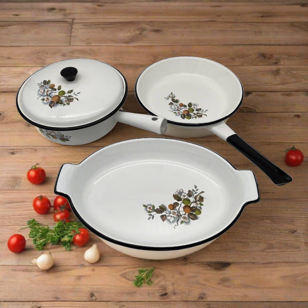 Retro Enamel Pan Set, Vintage French Enamel Kitchen Pots and Pans ...