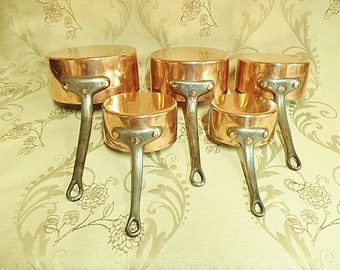 French copper saucepans, 5 Copper pans, Vintage copper pans, Copper kitchen, Copper pots, Copper cookware, new tin lined, 5.4kg (re 48EF)