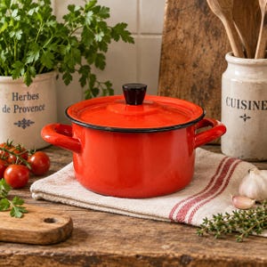 May include: A bright red enamel cooking pot with two side handles and a matching lid featuring a black knob. The pot has a black rim and sits on a beige cloth with red stripes, surrounded by fresh parsley, garlic cloves, and wooden kitchen tools.