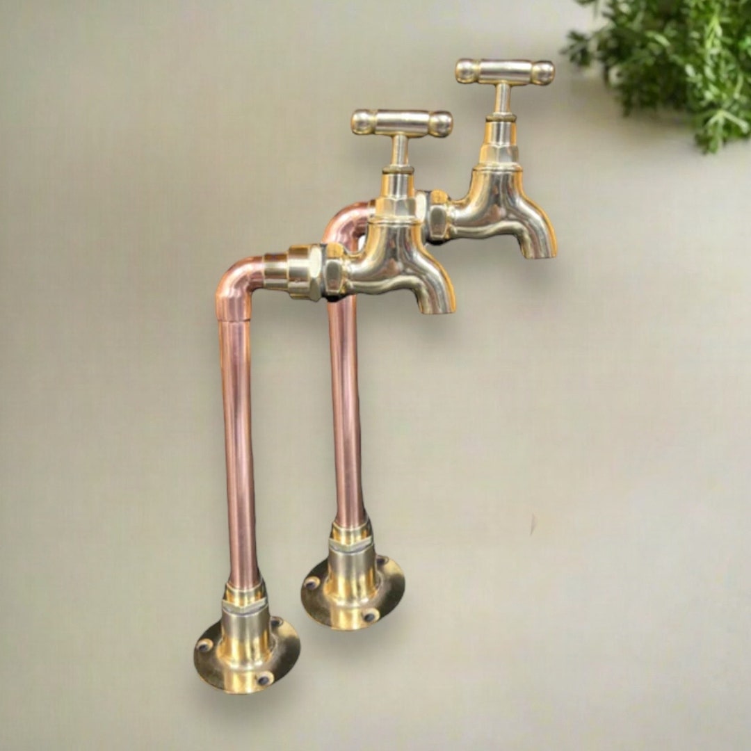 Traditional Vintage Style Brass Pillar Taps With Copper Upstands, Brass ...