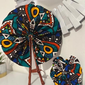 African Print Folding hand fan/Ankara /Kente + matching Extra large Scrunchie Set
