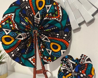 African Print Folding hand fan/Ankara /Kente + matching Extra large Scrunchie Set