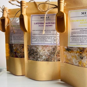 1x Bath soaks, Bath Salts, Bath Treats, Relaxation Gift (Each Pouch or Jar Comes with a wooden scoop + Free Tea Bags)