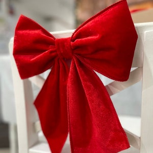 1x Pre Tied Velvet Red Christmas Bows wired edge Ribbon Gift Wrapping- W10”, L12”