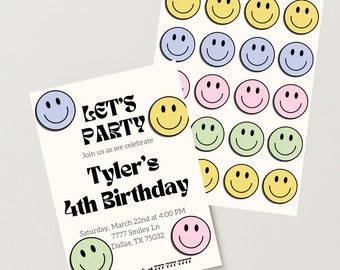 Smiley Face Birthday Invitation | Editable Template | Happy Face | Neutral Groovy Disco Invitation | Instant Editable Template