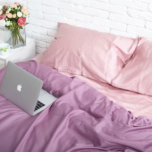 Cotton Sateen Bedding Set of 5 Pieces in Rose and Purple. Flat Sheet, Fitted Sheet, Duvet Cover, 2 Pillowcases. Twin Full Queen AU EU