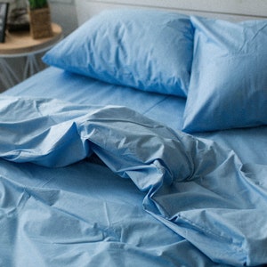 Cotton Sheets Set of 4 Pieces in Blue. Top sheet, Fitted sheet, 2 Pillowcases. Twin Full Queen Custom Bed Linen