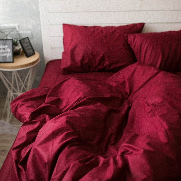 Natural Cotton Duvet Cover in Wine Red. Twin, Full, Queen, King, Single, KingSingle, Double, Custom Size