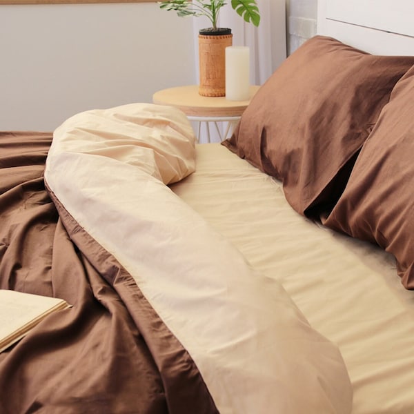 Cotton Bedding Set of 5 Pieces in Beige and Brown. Flat Sheet, Fitted Sheet, Duvet Cover + 2 Pillowcases. Twin Full Queen AU EU Bed Linen