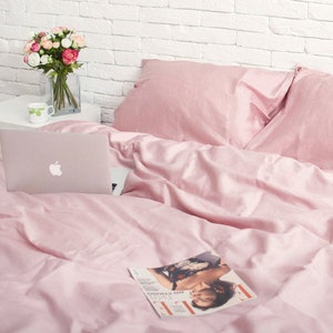 Cotton Sateen Bedding Set of 5 Pieces in Rose. Flat Sheet, Fitted Sheet, Duvet Cover, 2 Pillowcases. Twin Full Queen AU EU
