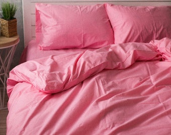 Cotton Bedding Set of 5 Pieces in Pink. Flat Sheet, Fitted Sheet, Duvet Cover + 2 Pillowcases. Twin Full Queen AU EU Bed Linen