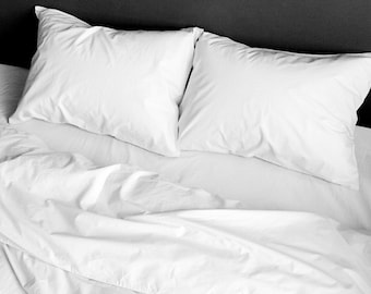 Cotton Bedding Set of 5 Pieces in White. Flat Sheet, Fitted Sheet, Duvet Cover, 2 Pillowcases. Twin Full Queen King AU EU Custom Bed Linen