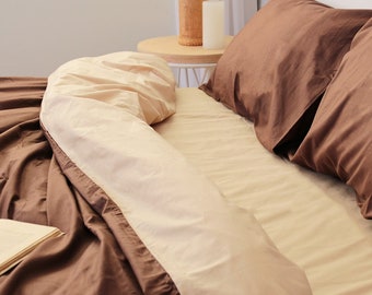 Cotton Bedding Set of 5 Pieces in Beige and Brown. Flat Sheet, Fitted Sheet, Duvet Cover + 2 Pillowcases. Twin Full Queen AU EU Bed Linen