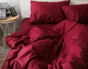 Natural Cotton Duvet Cover in Wine Red. Twin, Full, Queen, King, Single, KingSingle, Double, Custom Size