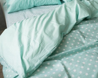 Natural Cotton Double-sided Duvet Cover in Mint and Stars. Twin, Full, Queen, King, Single, KingSingle, Double, Custom Size