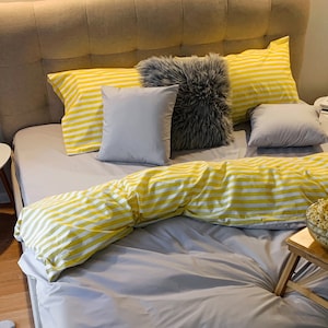 Cotton Sheets Set of 4 Pieces in Gray and Yellow. Top sheet, Fitted sheet, 2 Pillowcases. Twin Full Queen Custom Bed Linen