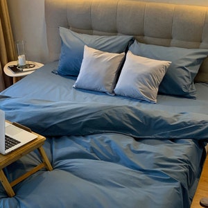 Cotton Bedding Set of 5 Pieces in Indigo. Flat Sheet, Fitted Sheet, Duvet Cover + 2 Pillowcases. Twin Full Queen AU EU Bed Linen