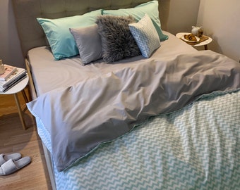 Natural Cotton Double-sided Duvet Cover in Mint and Gray. Twin, Full, Queen, King, Single, KingSingle, Double, Custom Size