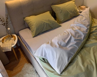 Natural Cotton Double-sided Duvet Cover in Olive and Gray. Twin, Full, Queen, King, Single, KingSingle, Double, Custom Size
