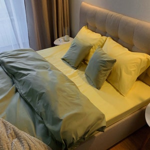 Cotton Duvet Cover Set in Yellow and Olive. Duvet cover + 2 pillowcases. Twin Full Queen King Single KingSingle Double Custom Bed Linen.