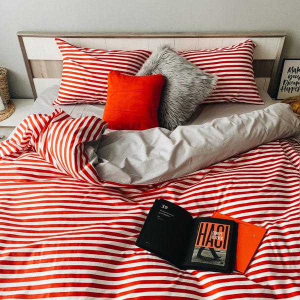 Natural Cotton Double-sided Duvet Cover in Light Gray and Red Stripe. Twin, Full, Queen, King, Single, KingSingle, Double, Custom Size