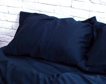 100% Cotton Sateen Pillowcase in Dark Blue. Handmade Pillow Case Organic Pillow Case Slip Cover Natural Custom Pillow Sham European US Sizes